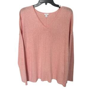 J. Jill Pink Organically Grown Cotton Seamed V-Neck Sweater Sz L Lightweight EUC